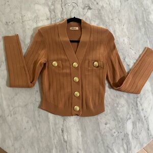 Mocha Mousse Brown Pegasi Camel Ribbed Knit Cardigan Old Money Look Size Medium
